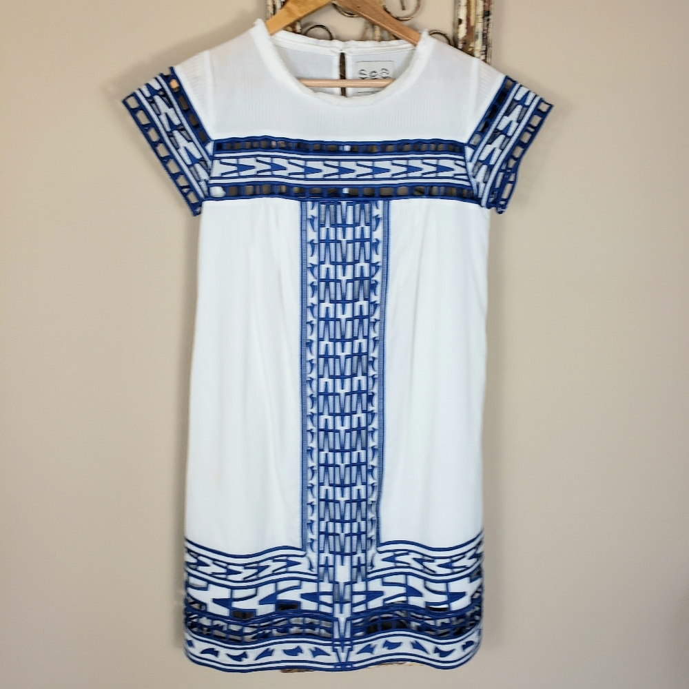 Sea New York White/Blue Embroidered Cut Out Dress
